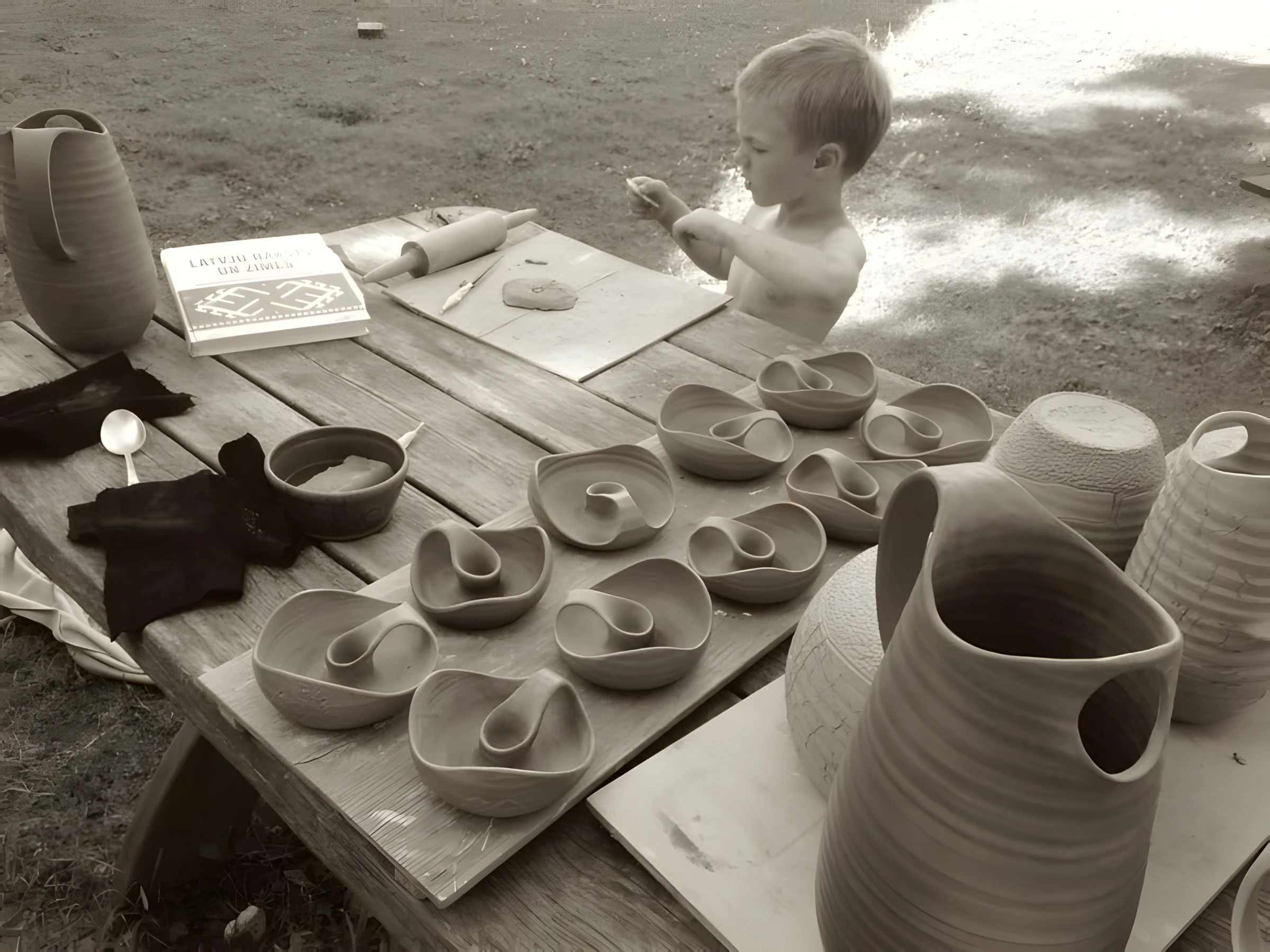 Matiass Preiss as a child outside with ceramic work in summer