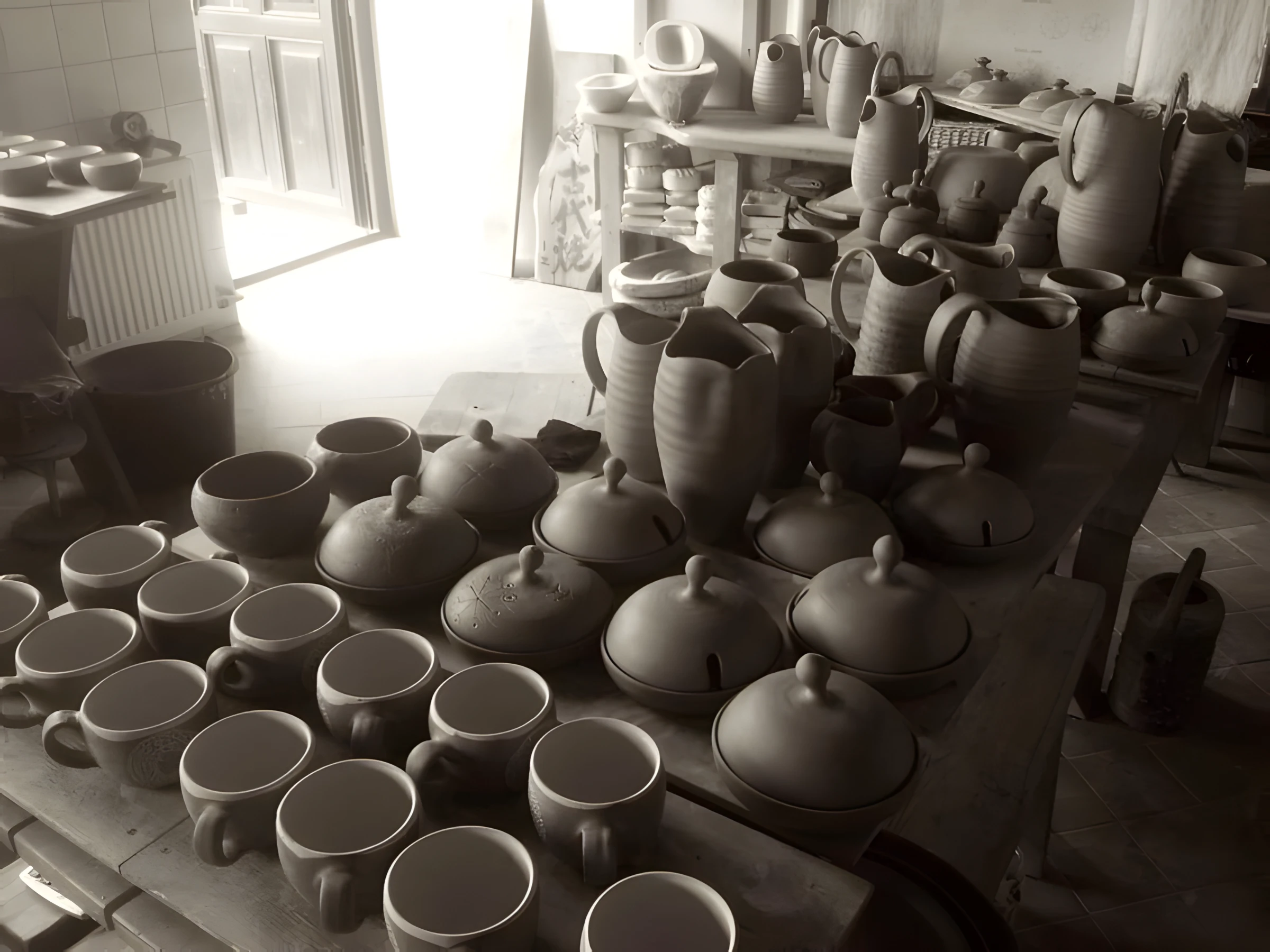 Tenis Preiss studio table with handmade cups, teapots, and vessels